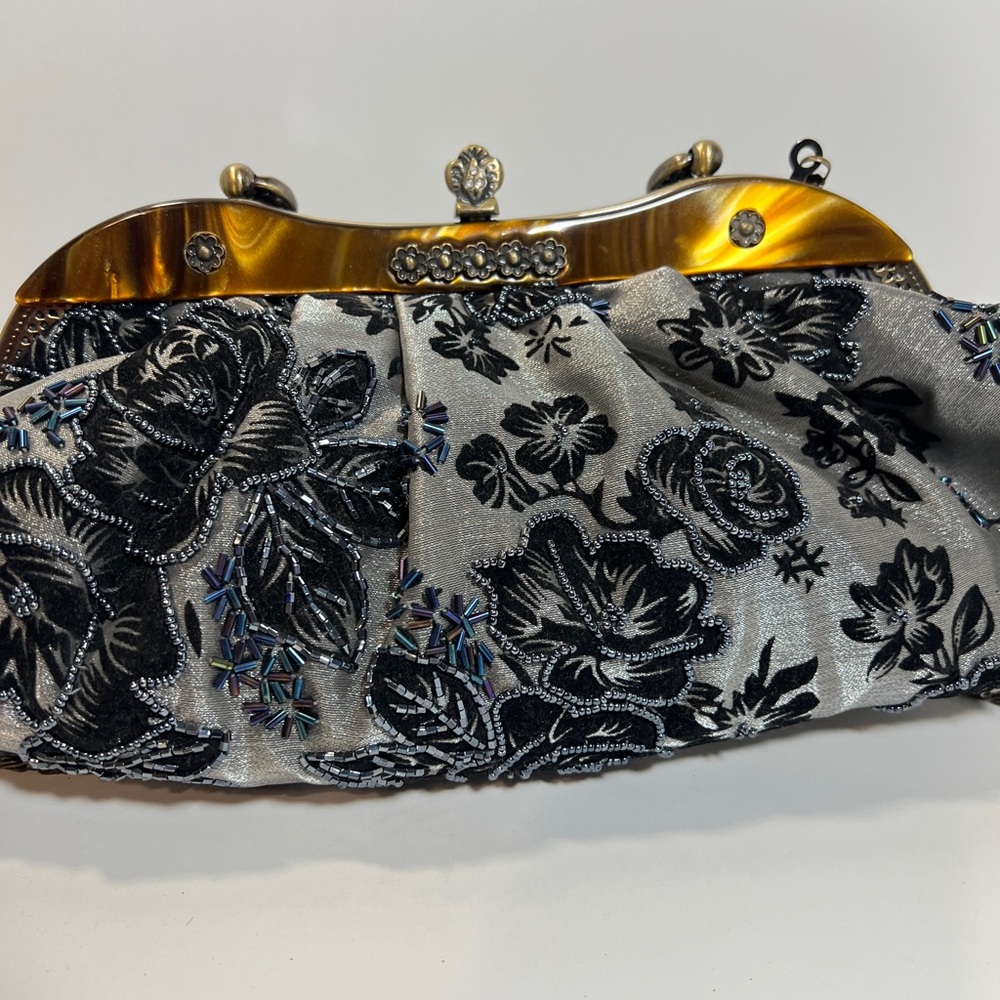 Elegant Black and Silver Floral Clutch hand / strap shoulder American vintage